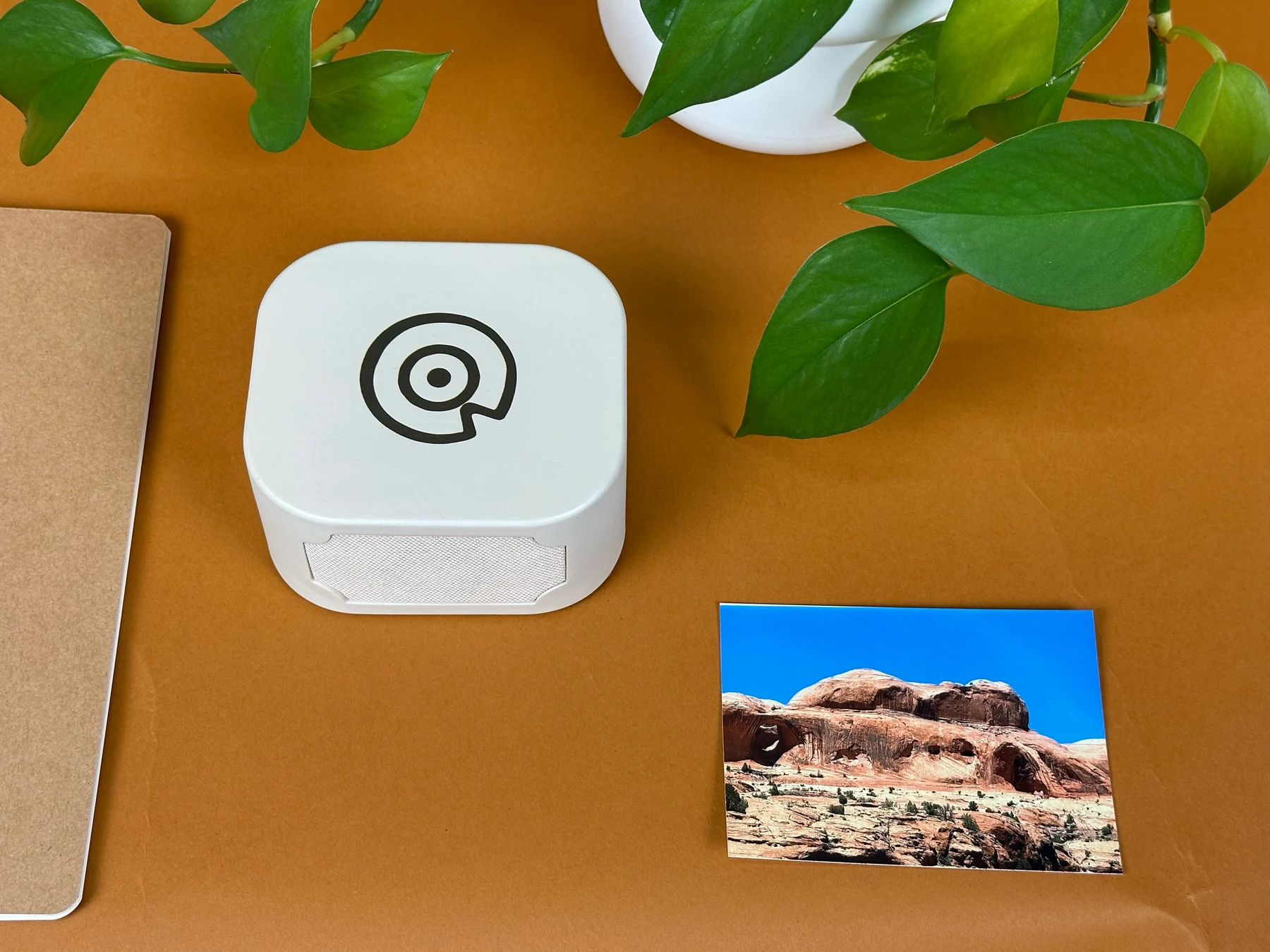Story Dock beside a printed desert photograph, a notebook, and a plant on a warm ochre background