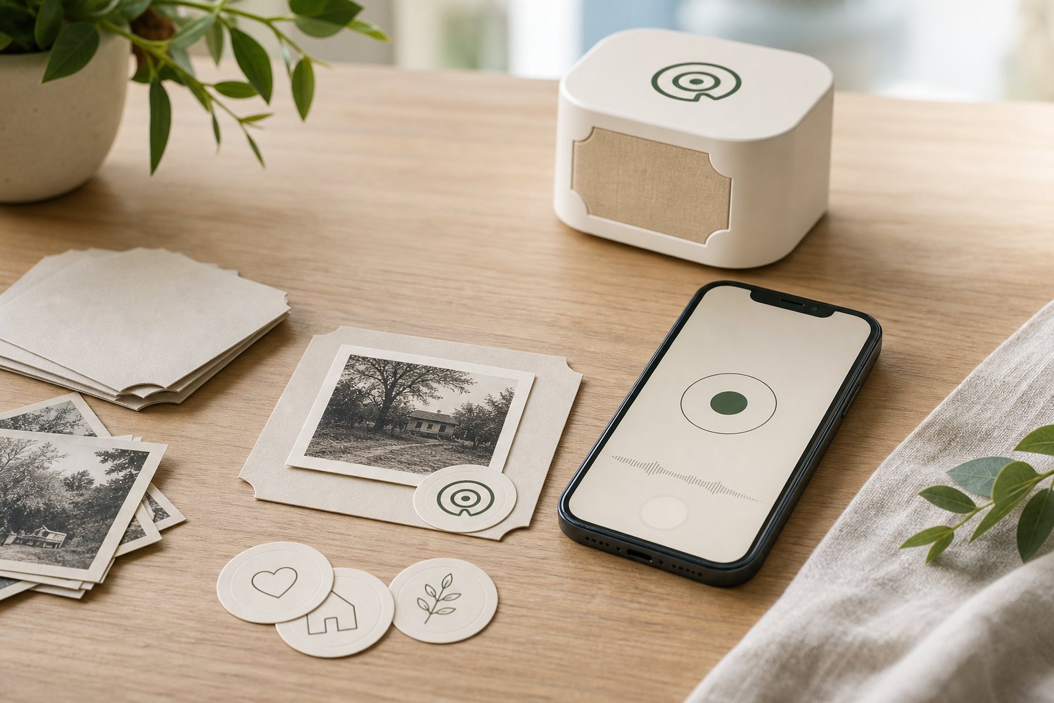 Story Sticker phone recording workflow with printed photos, backing cards, and Story Dock